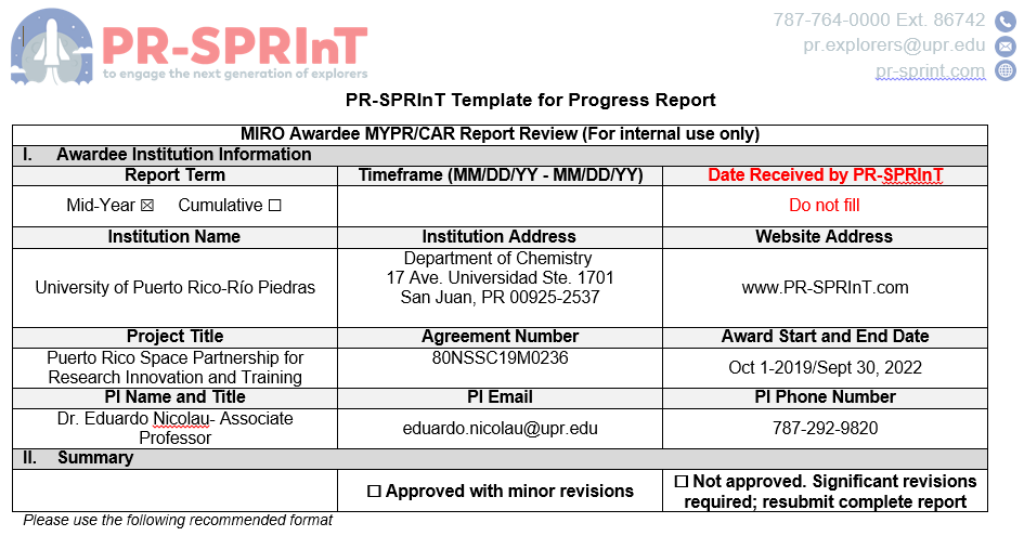 Template Progress Report